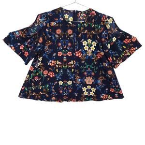 Haute Monde Blouse Womens Medium Navy Floral Boho Cold Shoulder Pullover Shirt